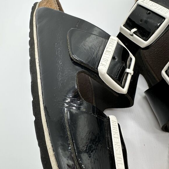 Birkenstock Arizona Patent Leather Black Sandals White Buckle Womens 38 US 7.5 - Picture 11 of 16